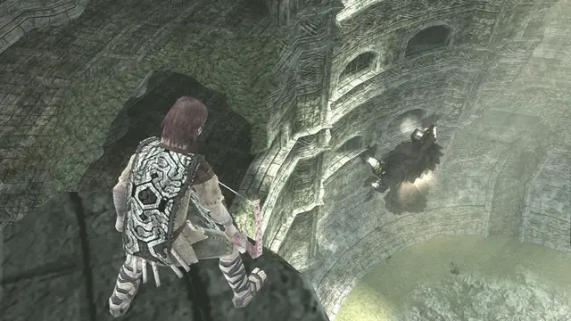 Wander draws his bow at a lizard colossus clinging to the wall of a ruined arena