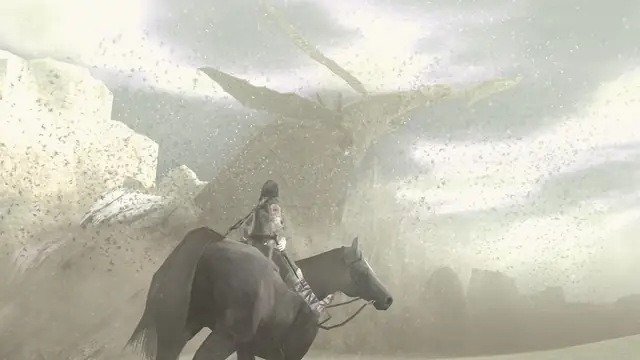 Wander on Agro in a desert sandstorm, the flying colossus Phalanx behind them
