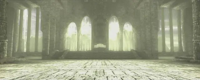 The altar room of the Shrine of Worship, light through hazy arched windows