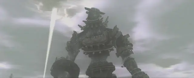 Valus, the first colossus, seen from below as the sword’s light beam rises beside it